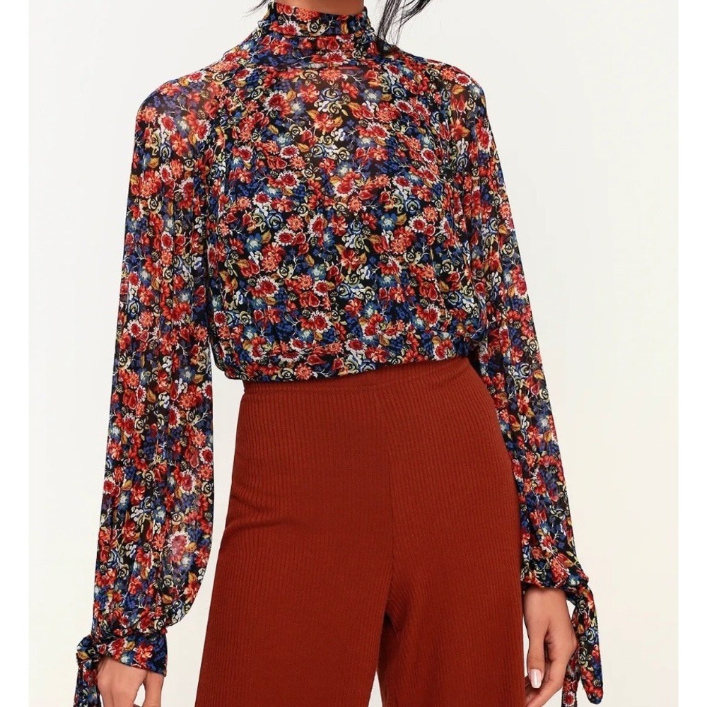 Free People All Dolled Up Sheer Mesh Floral High Neck Crop Top Size S Open Back